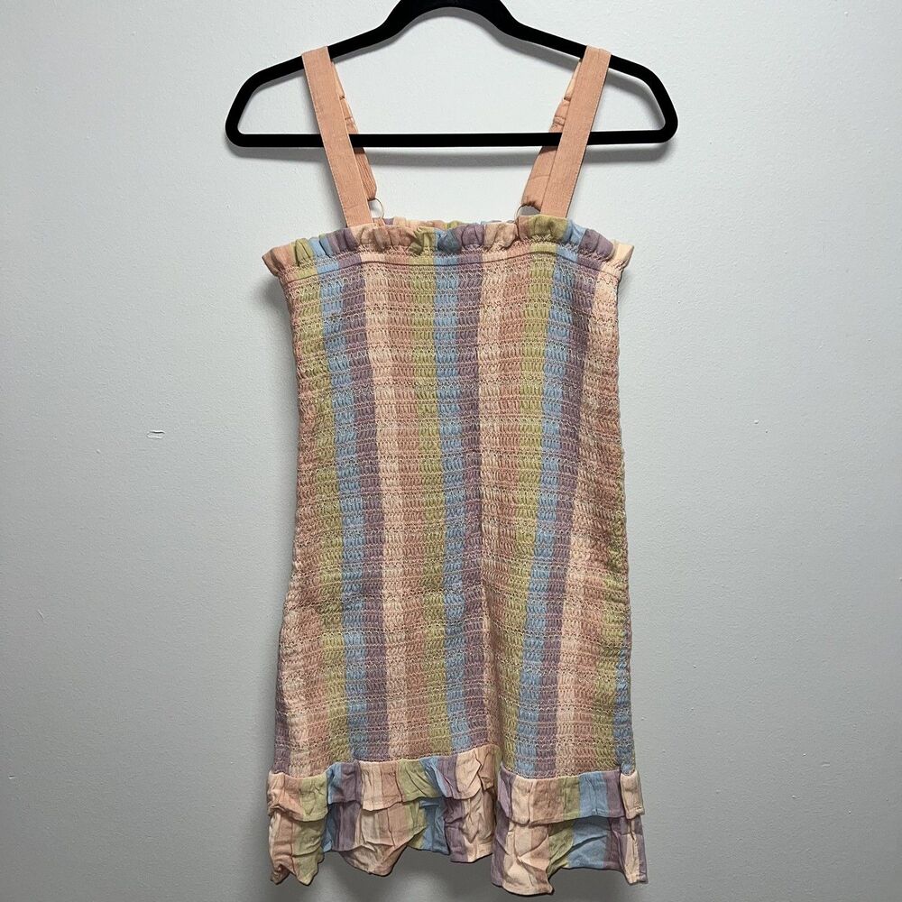 NEW American Eagle Mini Dress S Striped Pastel Rainbow Smocked Ruffled Summer